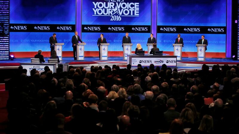 Republican US presidential candidates (from left to right) governor John Kasich, former governor Jeb Bush, senator Marco Rubio, businessman Donald Trump, senator Ted Cruz, Dr Ben Carson and governor Chris Christie   at the Republican US presidential candidates debate sponsored by ABC News on Saturday. Photograph: Reuters