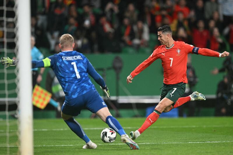 Cristiano Ronaldo scoring for Portugal against Denmark earlier this year. Photograph: Patricia De Melo Moreira/Getty Images
