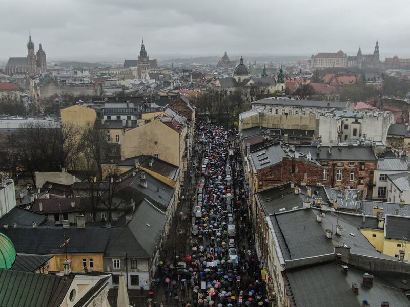 An aerial view of thousands of supporters of the late pope John Paul II during a march honoring his legacy on Sunday in Krakow, Poland. Photograph: Omar Marques/Getty Images