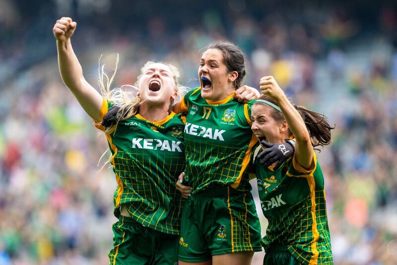 Meath’s Orlagh Lally, Niamh Gallogly and Niamh O'Sullivan celebrate after beating Dublin. Photograph: Tom Honan