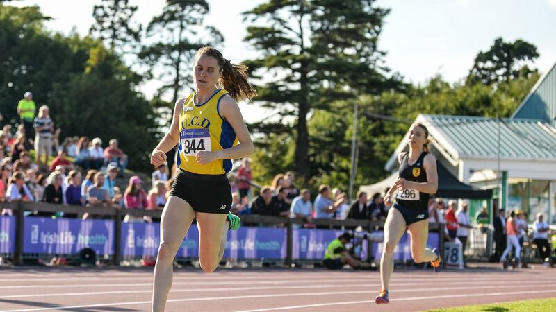 Ciara Mageean of UCD AC, on her way to winning the Women’s 800m at Morton Stadium. Photograph: Sportsfile