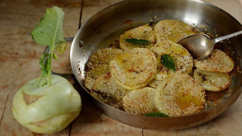 Roast Kohlrabi, blackened sesame and maple syrup. Photograph: Alan Betson