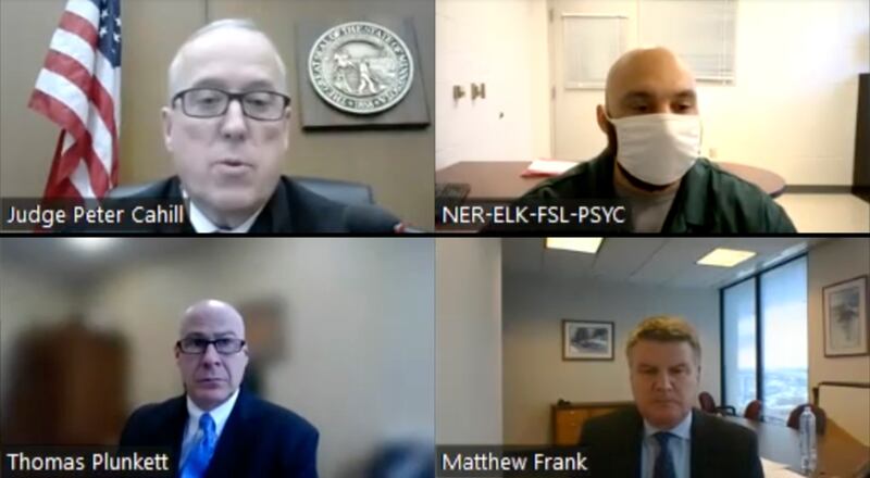 Judge Peter Cahill, assistant attorney general Matthew Frank, defence attorney Thomas Plunkett and his client former Minneapolis police Officer J Alexander Kueng, appear remotely via Zoom for Kueng’s sentencing in Hennepin County District Court in Minneapolis on Friday. Photograph: Minnesota Attorney General’s Office via AP/PA