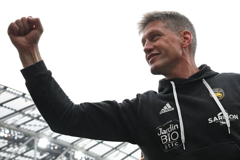 La Rochelle's Irish coach Ronan O'Gara celebrates after winning the European Champions Cup final. Photograph: Paul Ellis/AFP via Getty Images 