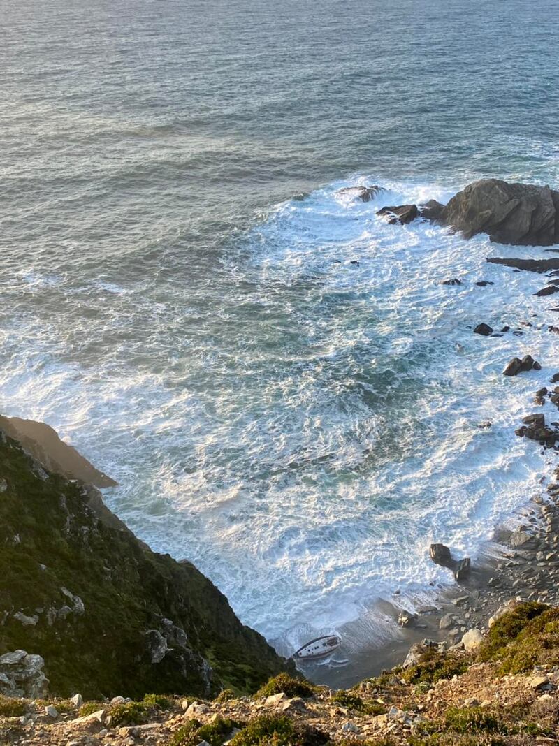 A yacht washed up against a very inaccessible cliff-face close to Dooega Head, on the south of Achill Island. Two sailors were stuck at the spot for three days afterwards in heavy weather.