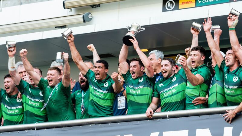 Captain Billy Dardis lifts the trophy after Ireland’s victory in the World Series qualifying tournament in Hong Kong. Photograph: Yu Chun Christopher Wong/Inpho