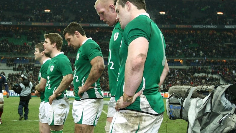 Gordon D’Arcy, Brian O’Driscoll, David Wallace, Paul O’Connell and Cian Healy stand dejected after a pasting from France in 2010. Photo: Dan Sheridan/Inpho