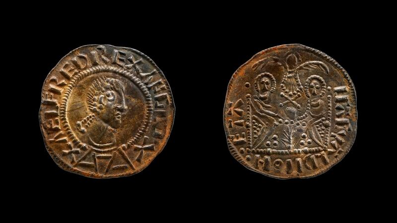 ‘Emperor’ style coin issued by King Alfred the Great of Wessex (871-99) and his contemporary Ceolwulf II of Mercia (874-9) as part of a treasure hoard discovered near Eye in Herefordshire. Photograph: West Mercia Police/AFP