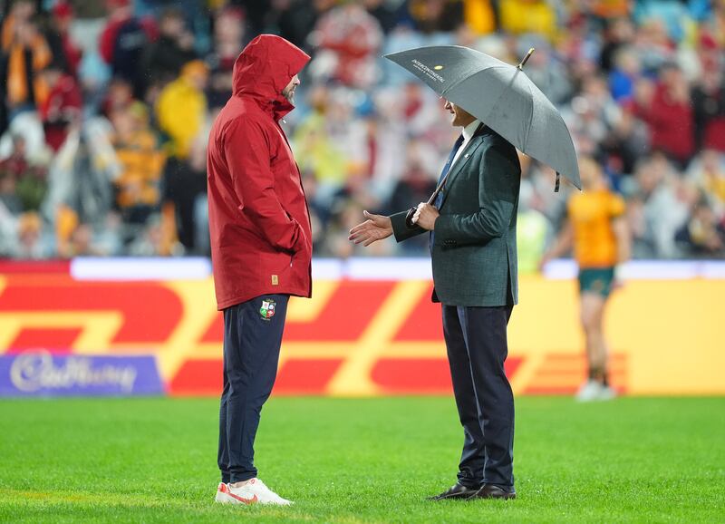 Lions head coach Andy Farrell chats with Australia head coach Joe Schmidt on the field before the third Test. Photograph: David Davies/PA