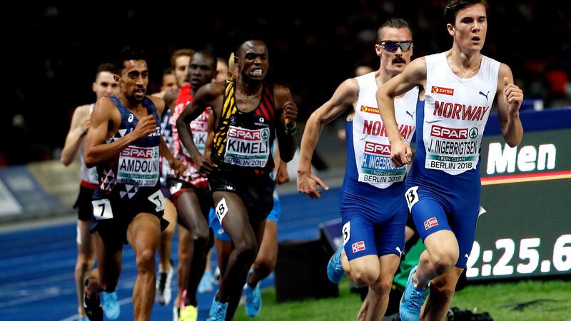 Jakob and Henrik Ingebrigtsen  of Norway on their way to first and second place in the men’s 5,000m in Berlin, last Saturday.  Photograph: Felipe Trueba/EPA