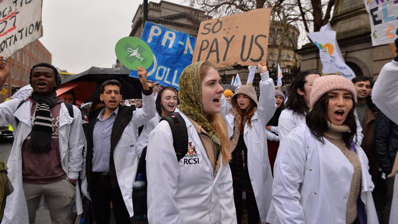 Pharmacy students rally outside the Dáil to express their anger at unpaid placements and increased fees. Photograph: Alan Betson/The Irish Times