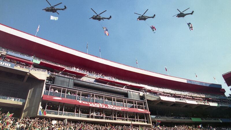 Helicopters fly over Ellis Park  ahead of the final. Photograph: Billy Stickland/Inpho