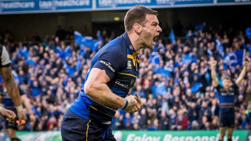 Leinster’s Fergus McFadden celebrates scoring a try in the 2017 Heineken Cup quarter-final against Wasps at the Aviva Stadium. Photograph:  Morgan Treacy/Inpho
