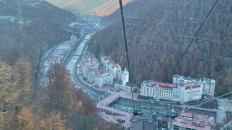 A view from a cable car of Roza Khutor, a ski village built for the 2014 Winter Olympics in the Caucasus mountains in southern Russia. Ecologists say thousands of hectares forest and other wildlife habitat were destroyed by construction work for the Games. Photograph: Daniel McLaughlin