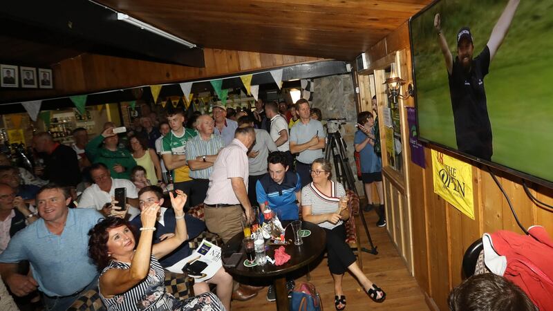 Supporters at Shane Lowry’s home golf club, Esker Hills Golf Club, Tullamore, celebrate his victory. Photogrpah: Lorraine O’Sullivan/PA Wire