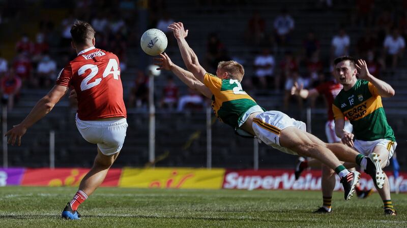 Kerry’s Killian Spillane blocks a shot by Colm O’Callaghan of Cork during the Munster SFC Final at Fitzgerald Stadium in Killarney. Photograph: Brian Reilly-Troy/Inpho