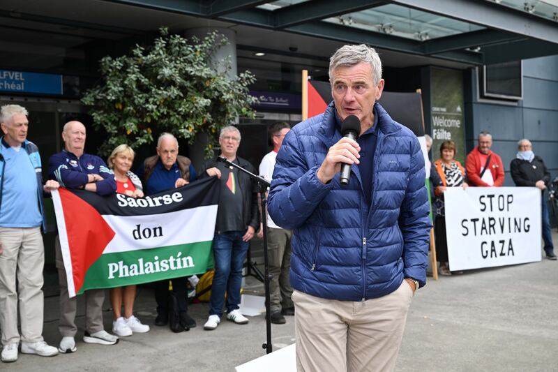 Colm O'Rourke addresses a GAA protest against the organisation's links to Allianz insurance outside Croke Park. Photograph:  Bryan Meade 