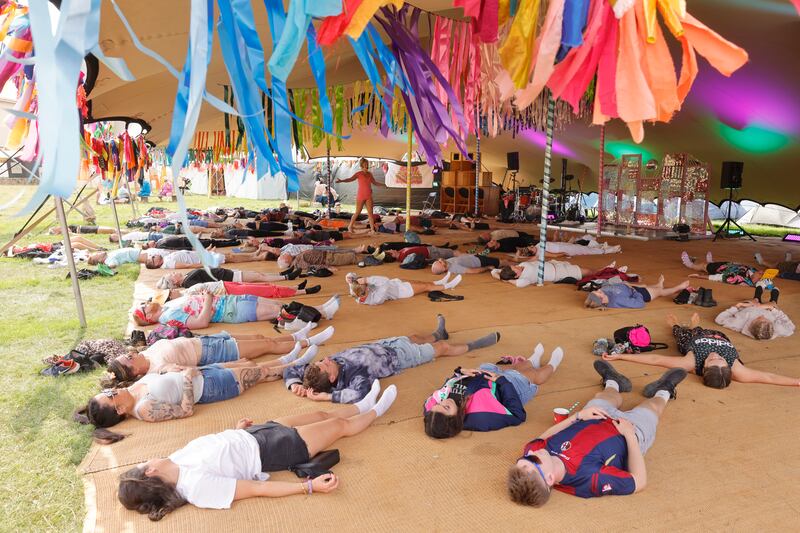 Electric Picnic 2024: recovery yoga with Mayra Rath at Croí on Sunday. Photograph: Alan Betson
