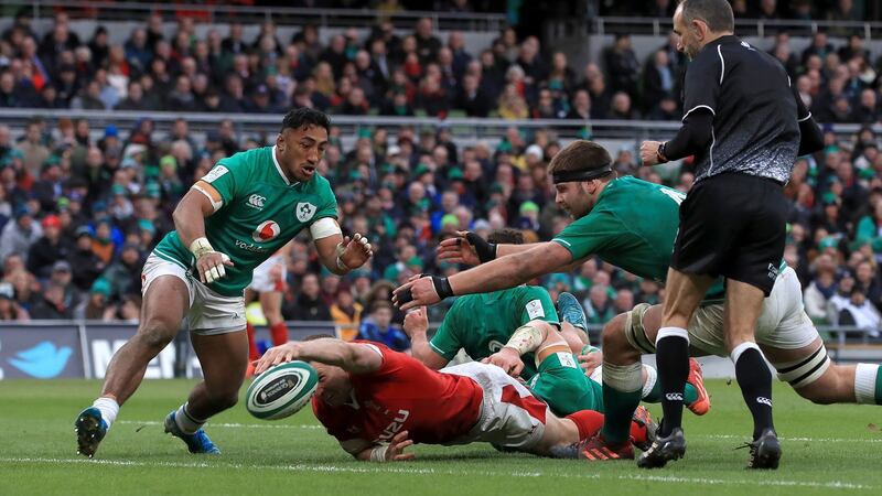 Hadleigh Parkes reaches to try and touch down against Ireland - the score was disallowed. Photograph: Donall Farmer/PA