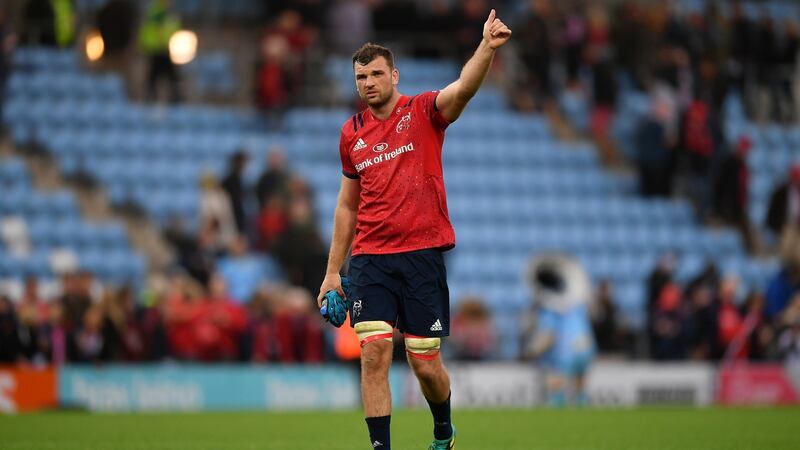 Tadhg Beirne  acknowledges the Munster  travelling support following the Heineken Champions Cup match against Exeter Chiefs  at Sandy Park. Photograph:  Dan Mullan/Getty Images