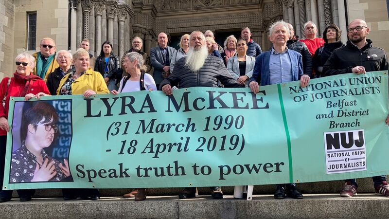 Members of the National Union of Journalists unveil a new banner in memory of murdered journalist Lyra McKee at St Anne’s Cathedral in Belfast on Monday. Photograph: PA Wire