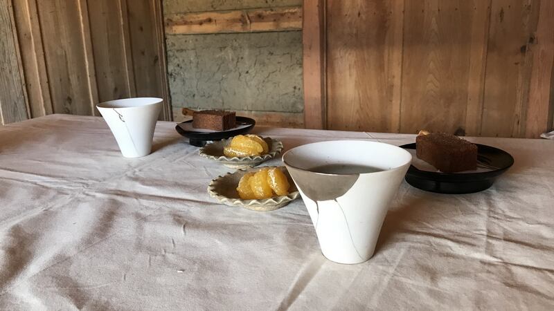 Tea served in delicate porcelain cups repaired by Kuroda Yukiko. Photograph: Bonnie Kemske