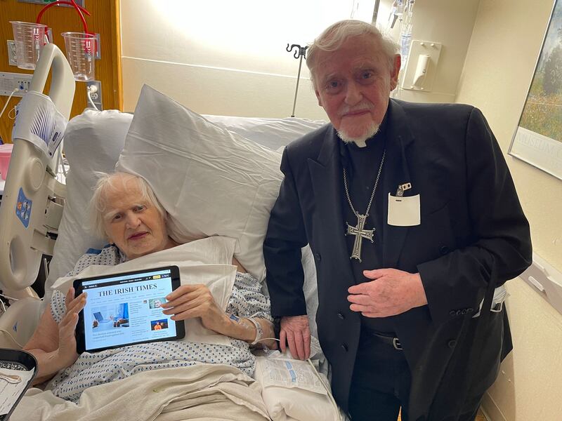 Malachy McCourt just after Fr Pat Fitzgerald performed the last rites in January