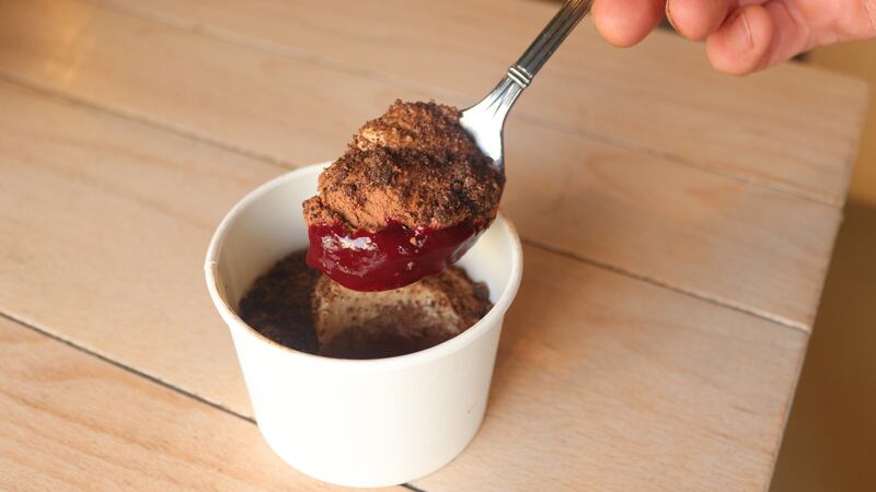 Chocolate mousse, with blackberry jam