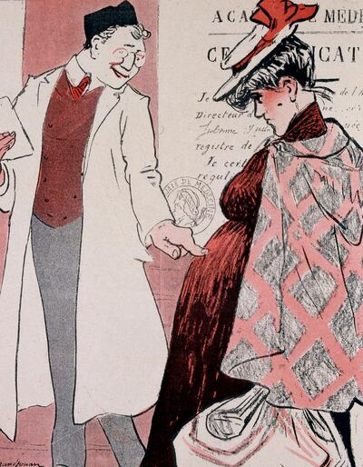 A  doctor examines a pregnant woman in 19th century France. French illustration 1890. Photograph: Universal History Archive/UIG via Getty Images