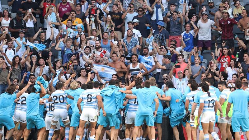 Argentina celebrate their first ever win over the All Blacks in Sydney. Photograph: David Gray/Getty/AFP