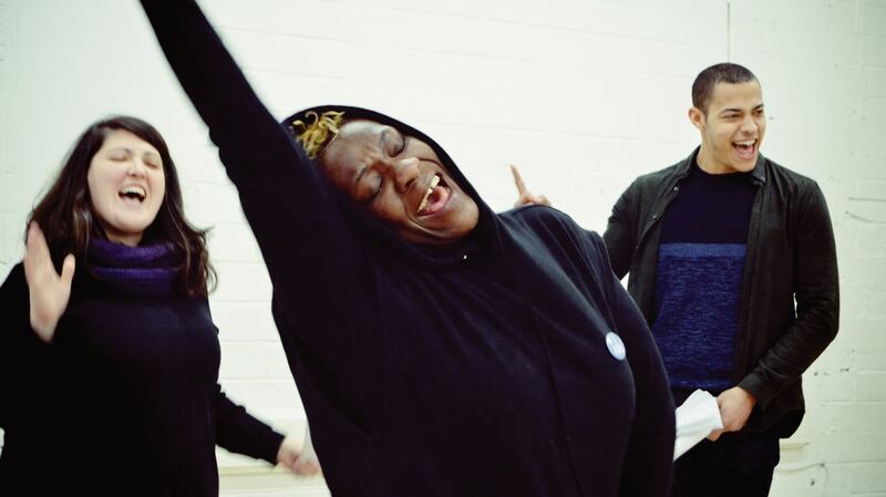 Michelle O’Rourke, Yemi Azamosa and Daryl McCormack rehearsing for ‘The Mouth of a Shark’, a new play by Oonagh Murphy. Photograph: Liv O’Donoghue