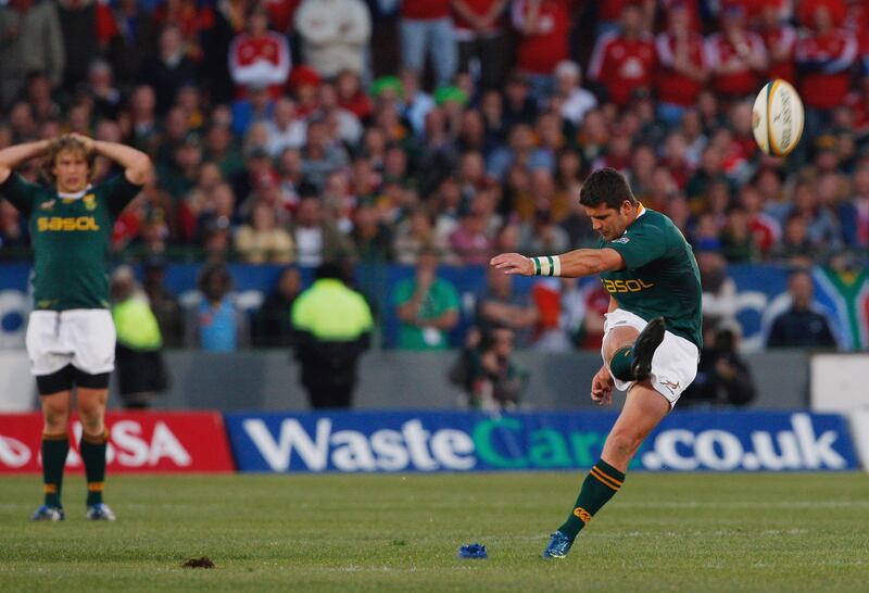 Morne Steyn kicks the winning penalty during the second Test match between South Africa and the British and Irish Lions at Loftus Versfeld in June 2009. Photograph: Stu Forster/Getty Images