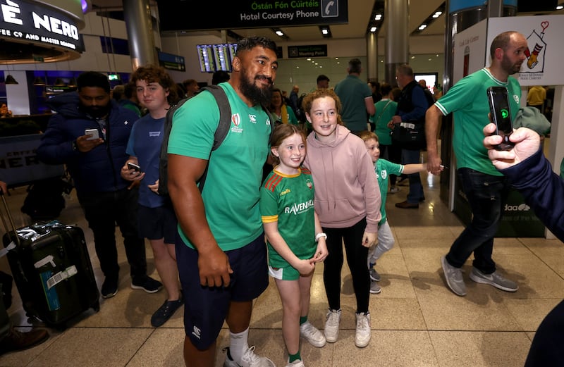 Ireland’s Bundee Aki poses with fans. Photograph: INPHO/Ben Brady