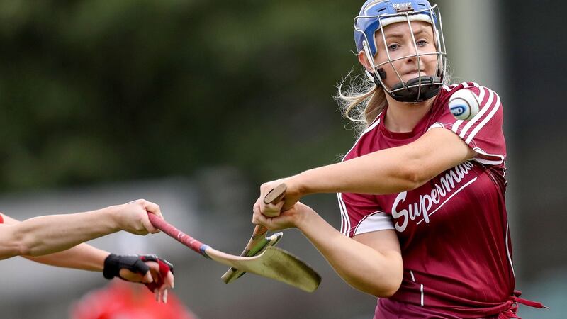 Galway’s Maria Cooney is hooked by Cork’s Orla Cotter. Photograph: Oisin Keniry/Inpho