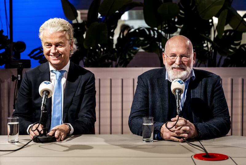 Leader of the Freedom Party Geert Wilders (left) and Frans Timmermans, former EU Commission vice-president who now leads an amalgamation of Labour and GreenLeft, taking part in a radio debate. Photograph: Remko de Waal/ANP/AFP via Getty Images