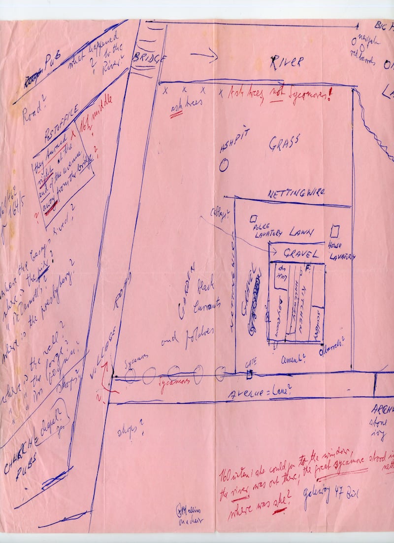 A map drawn by John McGahern of his father's barracks in Cootehall, Co Roscommon at the request of his German translator Elisabeth Schnack. Photograph courtesy the McGahern Archive at University of Galway