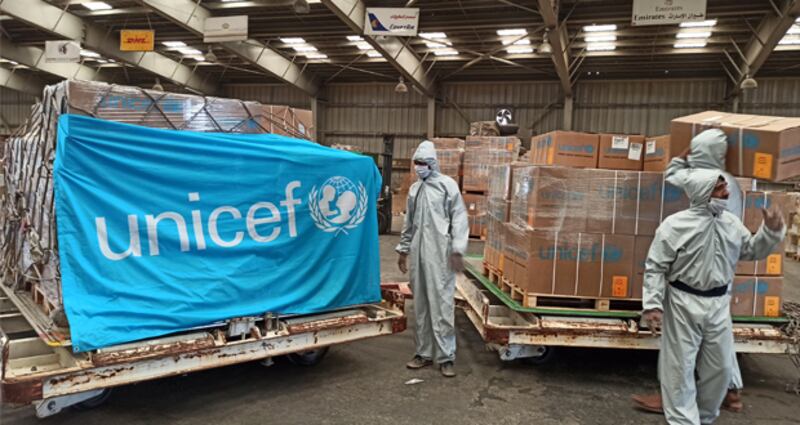 In response to the increase in the number of cases of Covid-19 in Yemen, a Unicef chartered plane landed at Sana’a airport with lifesaving supplies to help curb the spread of the disease in the conflict-hit country. Photograph: Unicef/Yemen/2020