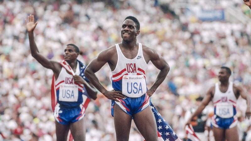 Dennis Mitchell, with Carl Lewis on the left, at the 1992 Olympic Games. Photo: David Madison/Getty Images