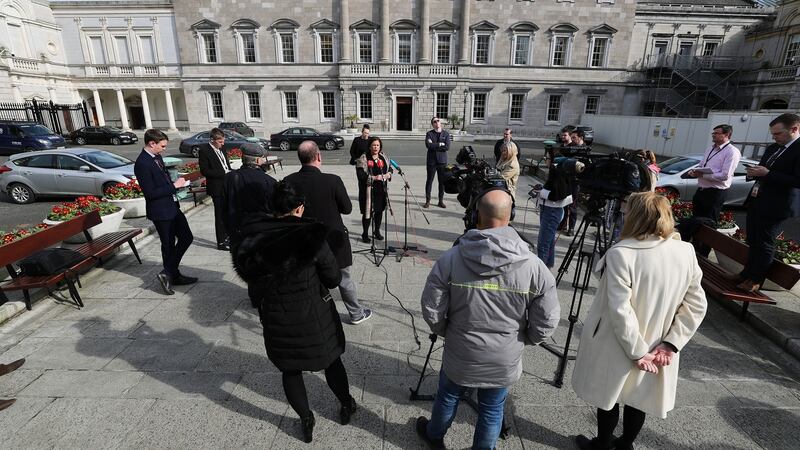 Sinn Féin leader Mary Lou McDonald on the Dáil plinth on Monday afternoon. Photograph Nick Bradshaw / The Irish Times