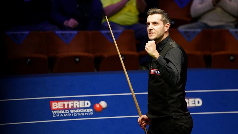 Mark Selby celebrates his semi-final victory at The Crucible in Sheffield. Photograph: PA