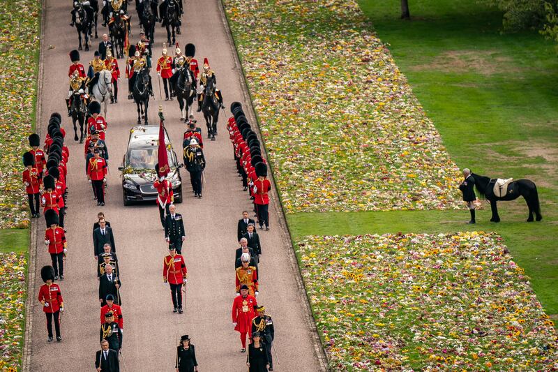 The funeral procession of  Britain's Queen Elizabeth II arriving at Windsor Castle. Photograph: Aaron Clown/PA