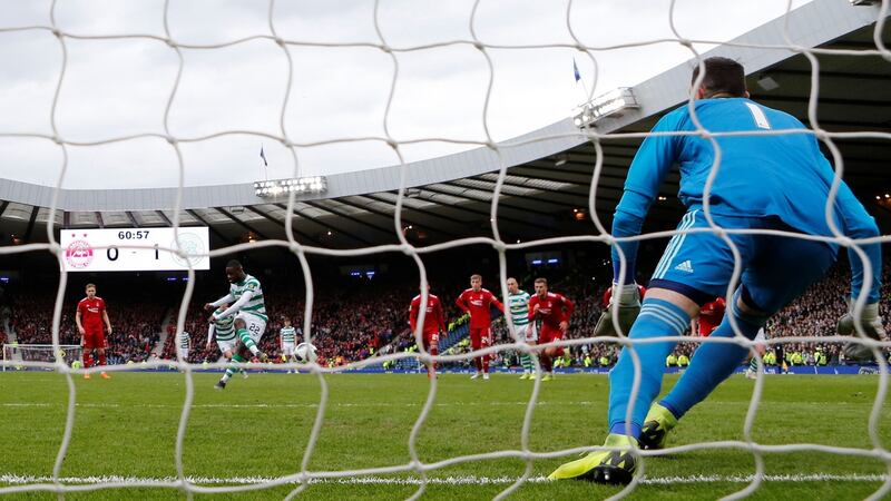 Odsonne Edouard scores Celtic’s second goal from the penalty spot. Photograph: Russell Cheyne/Reuters