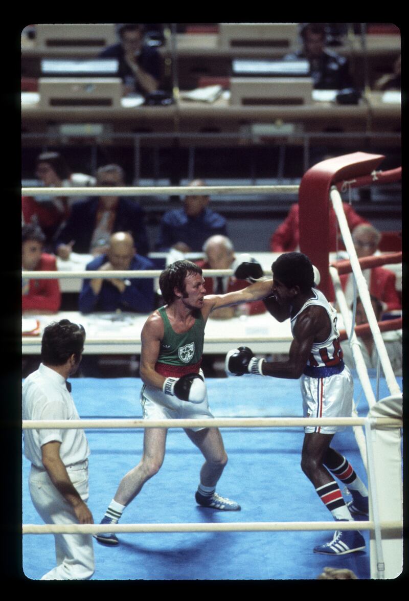 Davy Larmour of Ireland fights Leo Randolph of the USA in the flyweight division of the 1976 Olympic Games. Photograph: ABC Photo Archives/ABC via Getty