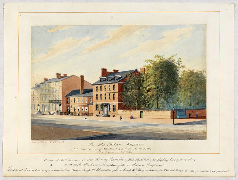 The Old Butler Mansion, 1836. It was located on Chestnut St and 8th St, Philadelphia. Source: Historical Society of Pennsylvania. David J Kennedy watercolors