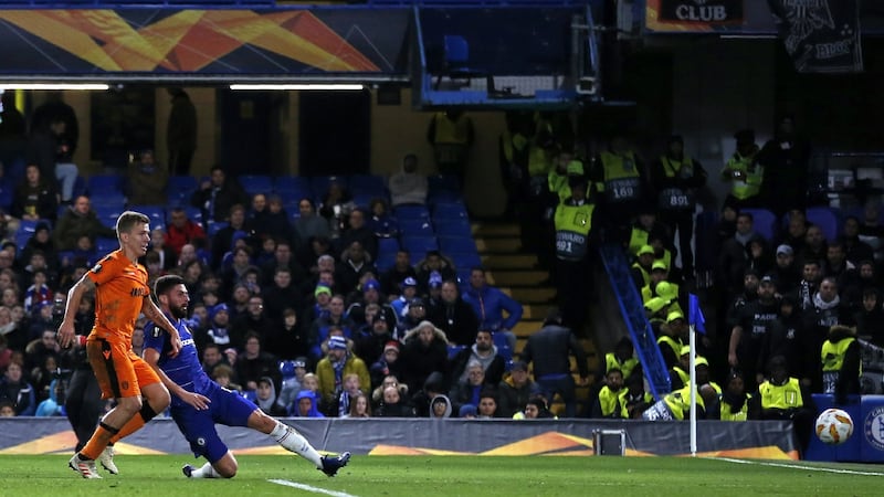 Oliver Giroud scores his and Chelsea’s second at Stamford Bridge. Photograph: Ian Kington/AFP/Getty