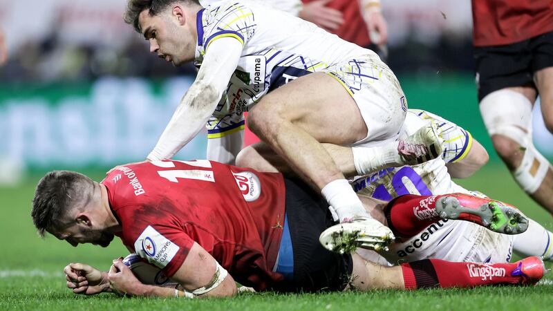 Stuart McCloskey scores Ulster’s first try. Photograph: Laszlo Geczo/Inpho