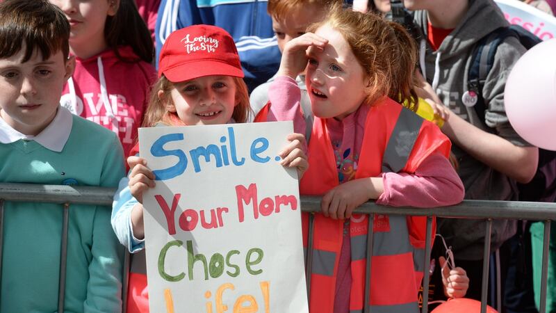 Children in the crowd attending the Love Both rally, in Merrion Square, Dublin. Photograph: Dara Mac Dónaill/The Irish Times