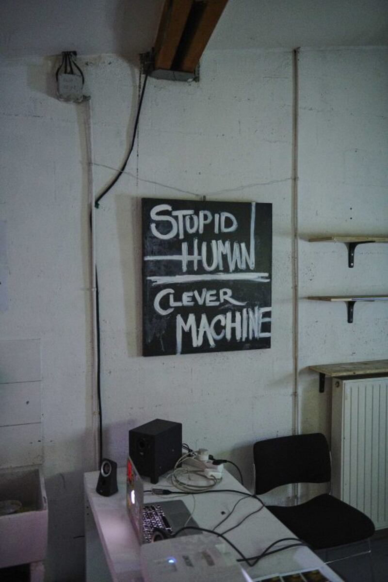 Photograph of Nadia’s studio at the Centre Culturel Irlandais, in Paris. Her piece Stupid Human, Clever Machine (2022) hangs on the wall.