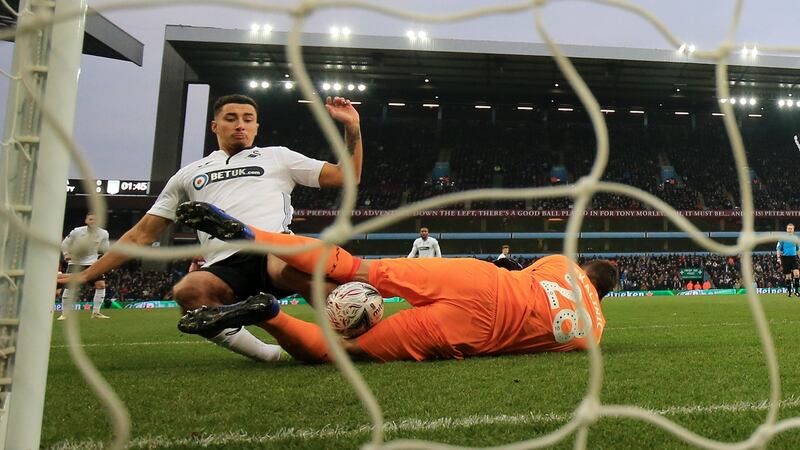 Courtney Baker-Richardson scores Swansea’s first goal against Aston Villa. Photo: Marc Atkins/Getty Images