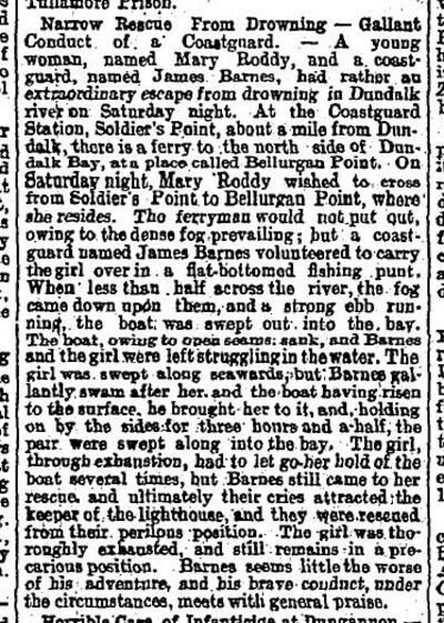 A report on the rescue of George’s grandmother in ‘The Irish Times’, August 16th, 1884.